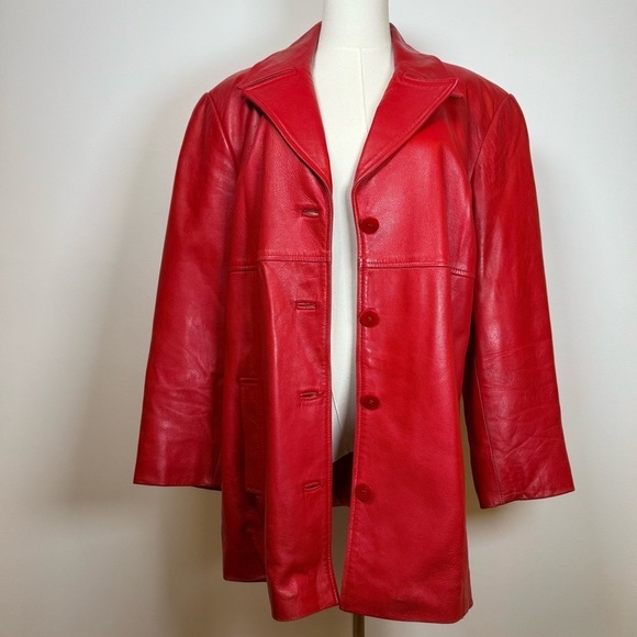 Studio Jackets & Blazers - Vintage Studio Retro 80’s Red Leather Jacket Padded Shoulders Womens Size Large